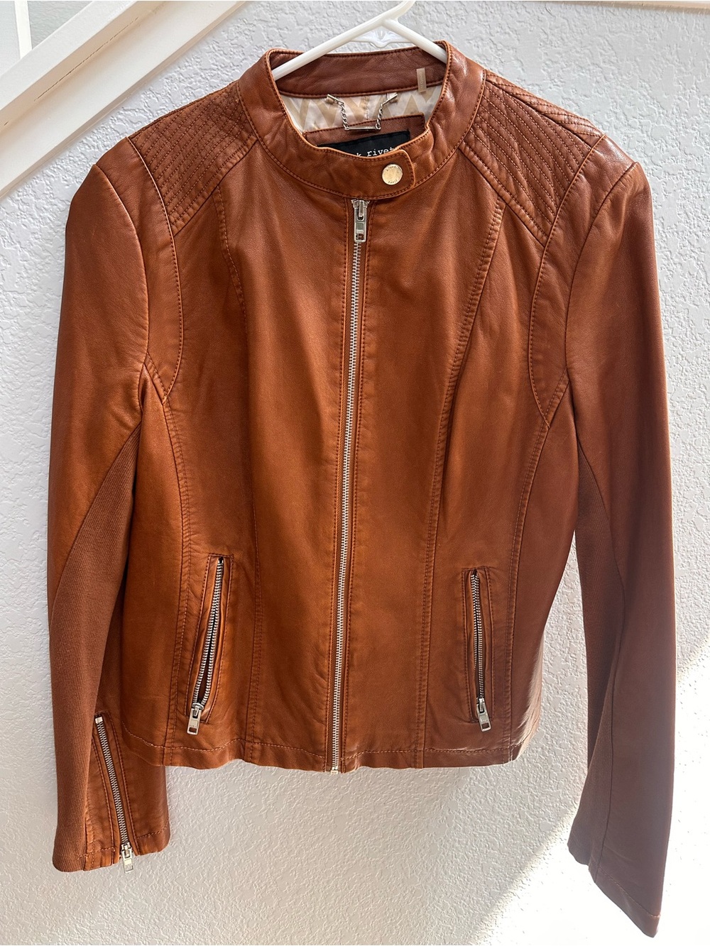 Pleather Moto Jacket in Cognac Brown - Women
